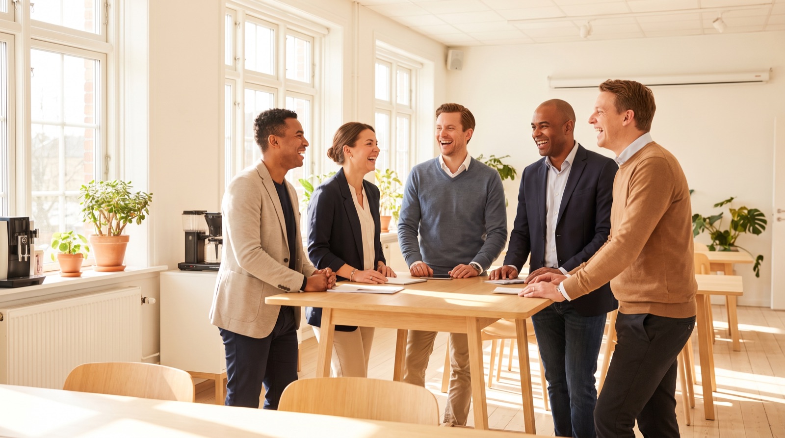 A team talking and laughing around a desk in a sunlit office