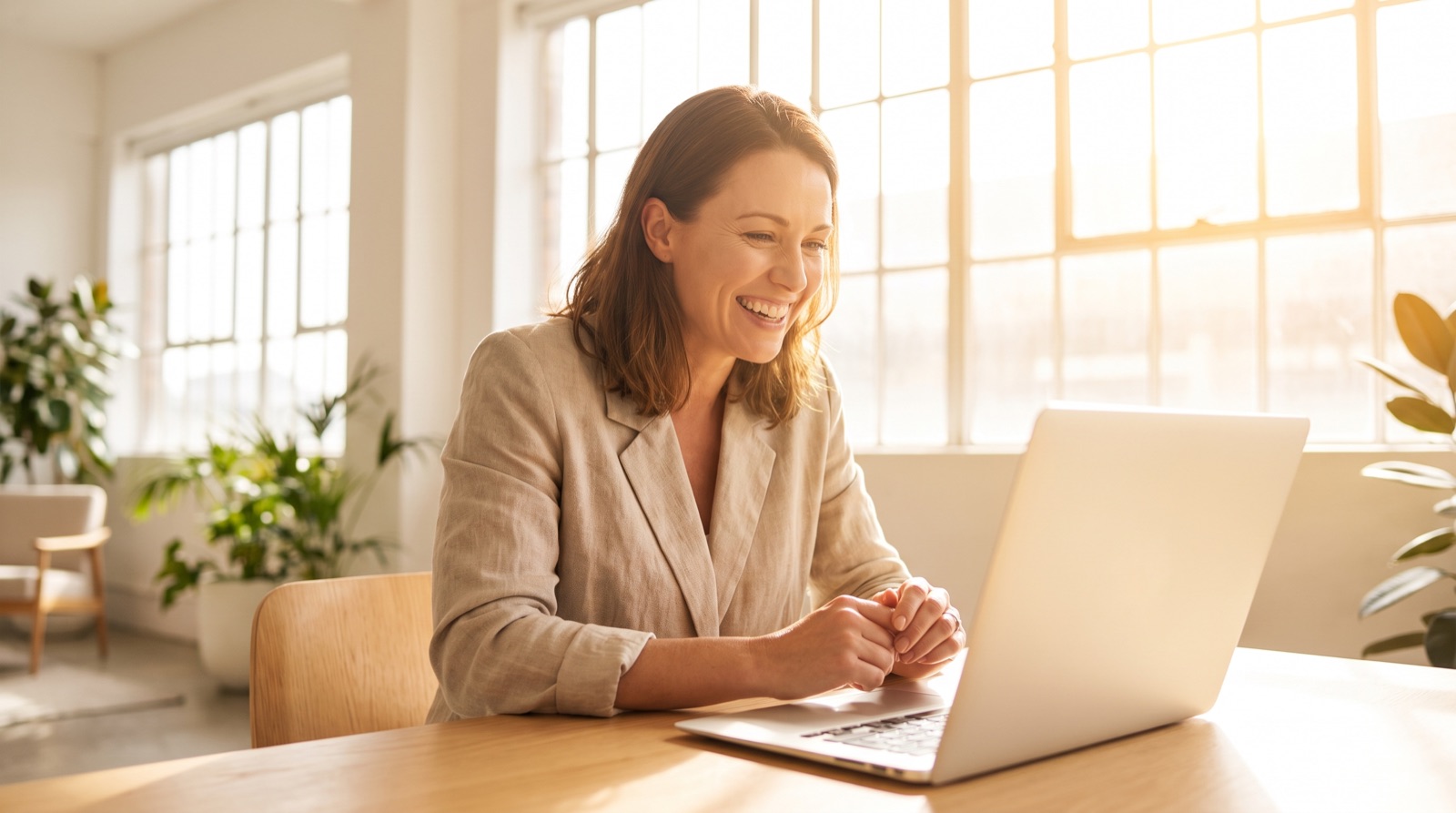 A woman smiling at a laptop in a sunlit office