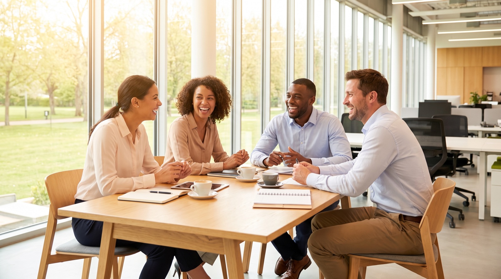 Four colleagues in discussion around a table