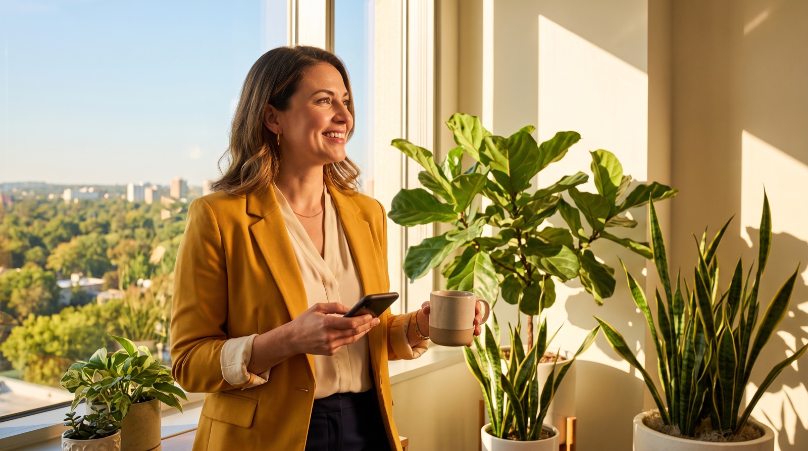 A woman by a sunny office window with a coffee, looking out