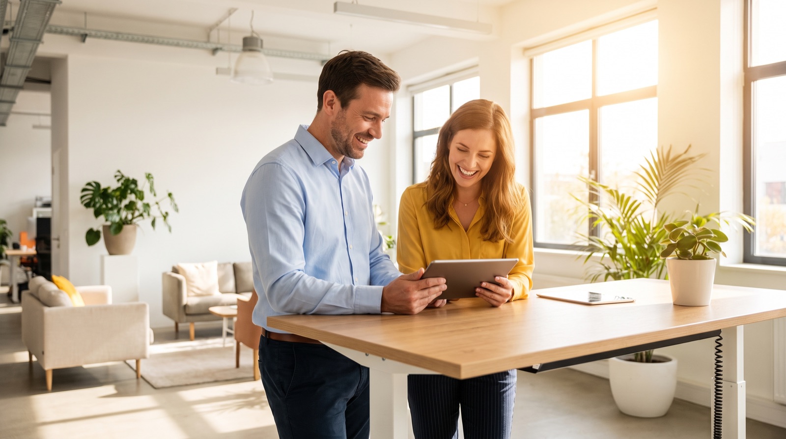 Two colleagues reviewing a tablet