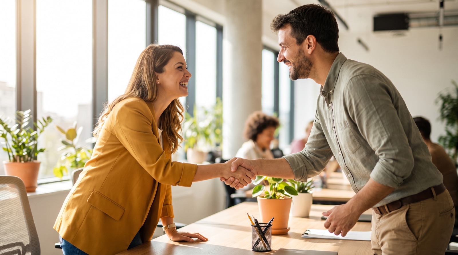 A warm handshake across a desk in a sunlit office