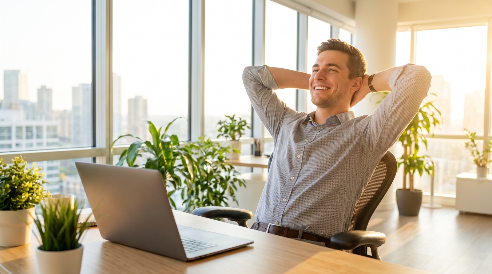 A man leaning back at a sunlit desk, smiling, laptop closed