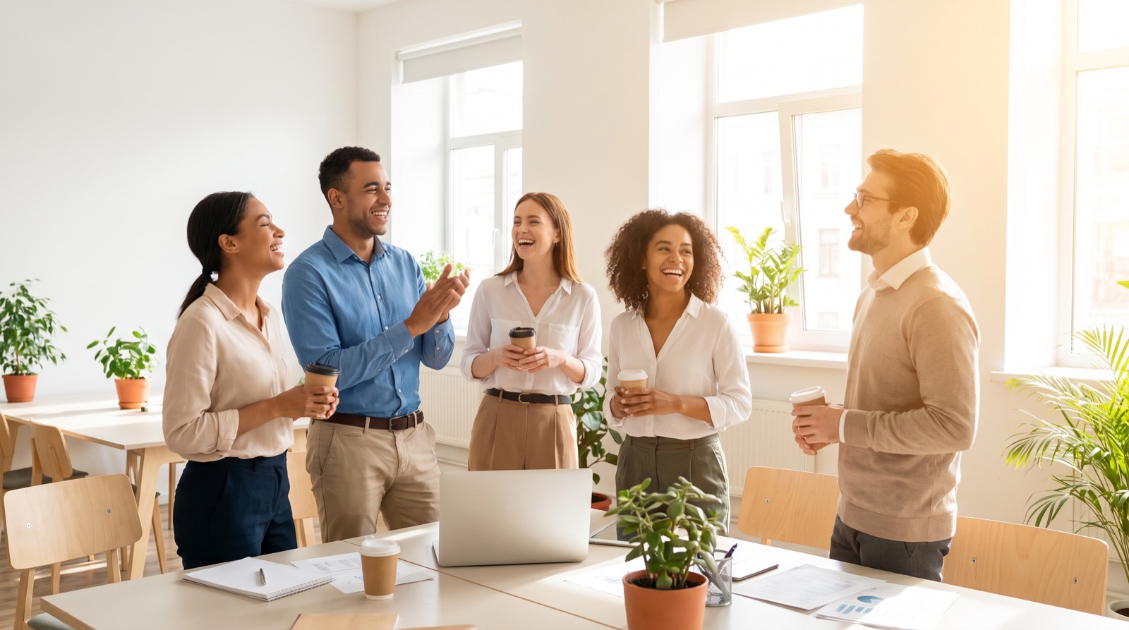 A team sharing a win in a bright office