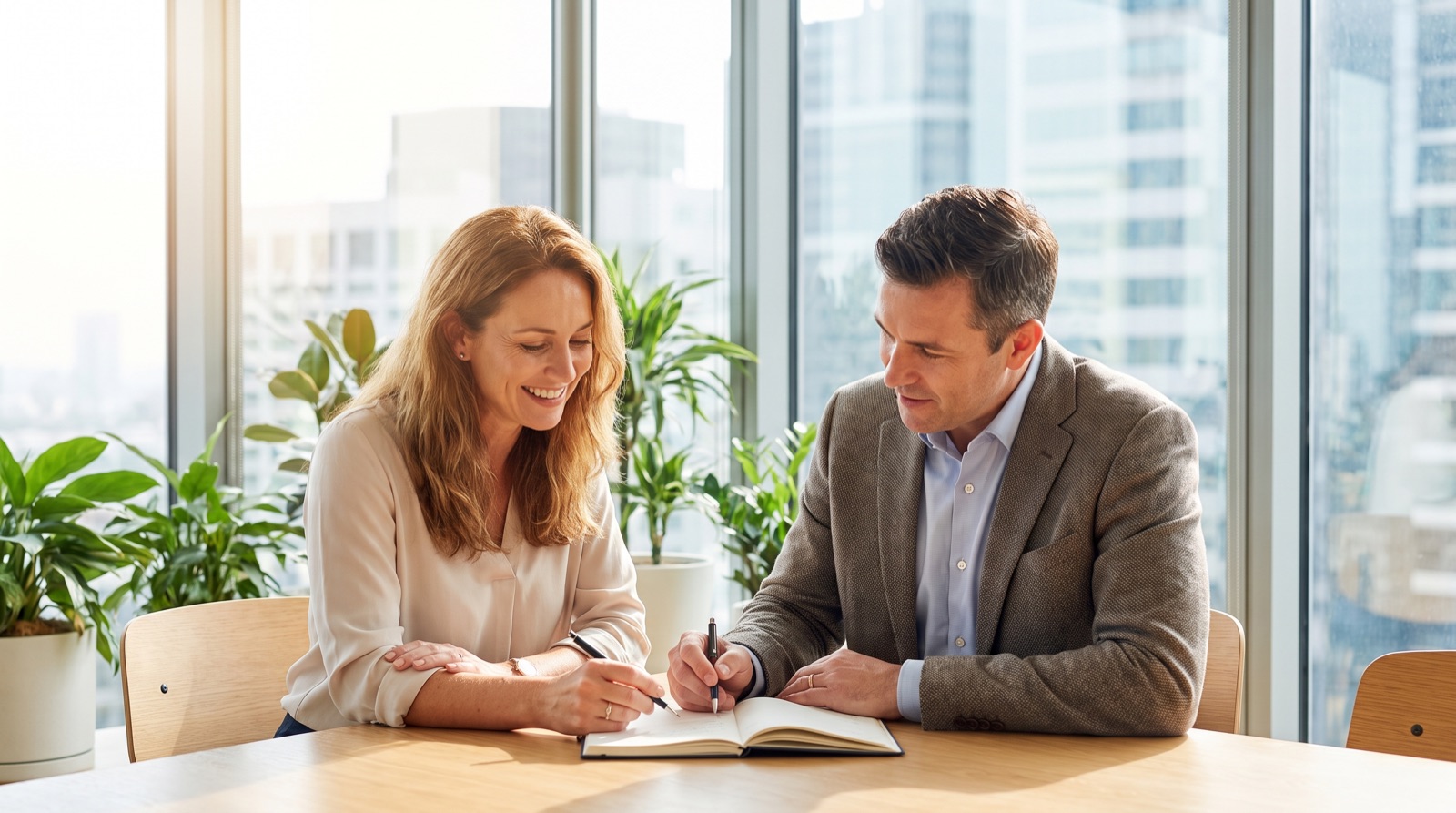 A consultation across a table in a sunny office